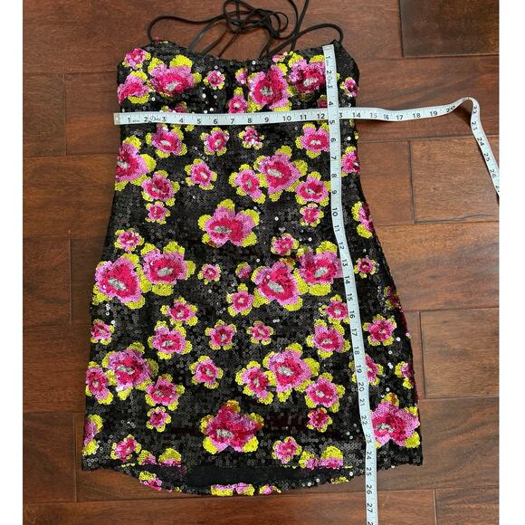 For Love & Lemons NWT Black Pink Sequin San Junipero Floral Mini Dress Medium - Picture 15 of 15